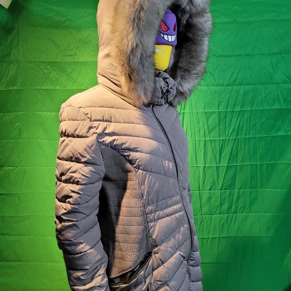 DKNY winter coat women XL gray  faux fur hood